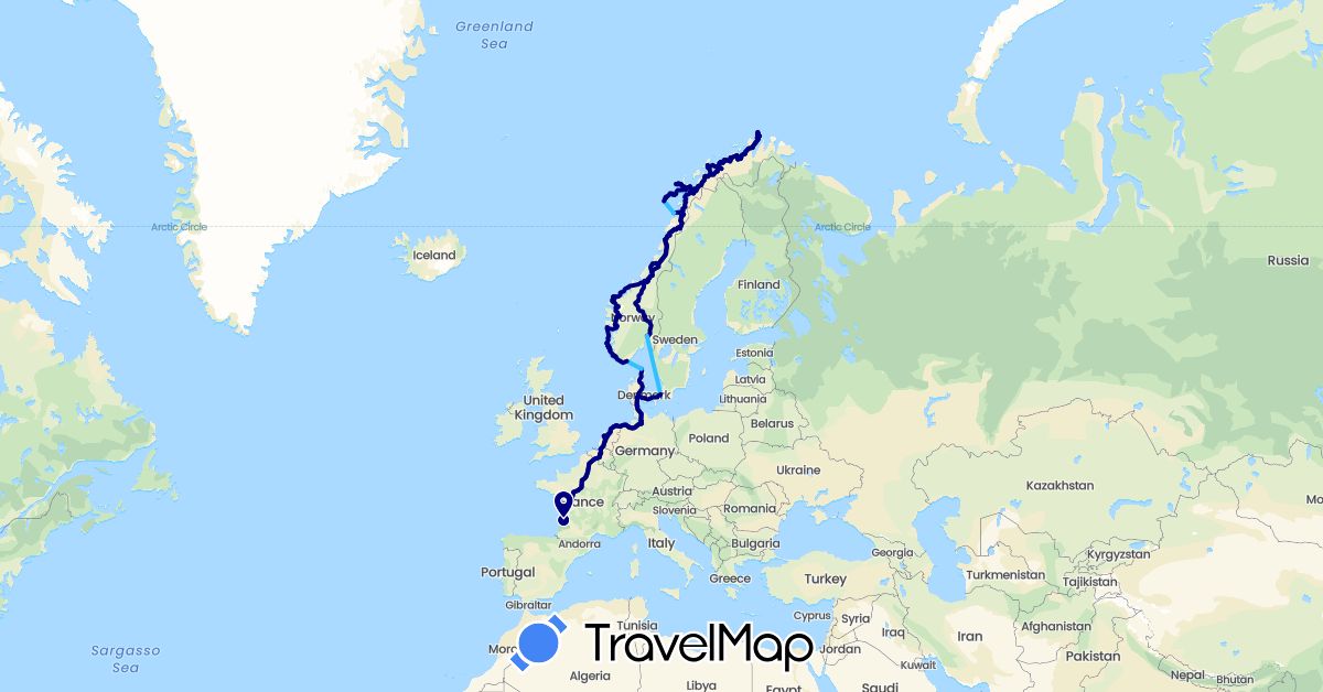 TravelMap itinerary: driving, boat in Belgium, Germany, Denmark, France, Netherlands, Norway (Europe)